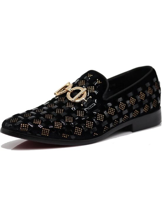 PARRAZO Men\'s Black Gold Glitter Rhinestone Loafers Metal Buckle Slip On Shoes